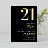 Modern Zwart en Goud Elegant 21e Verjaardag Folie Uitnodiging (Staand Voorkant)