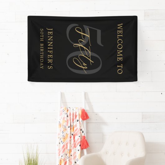 Modern zwart en goud elegante 50e verjaardag spandoek (Insitu)