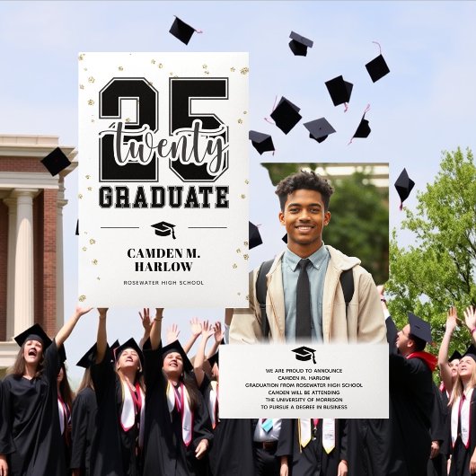 Modern Zwart en Goud Foto Afstuderen Aankondiging