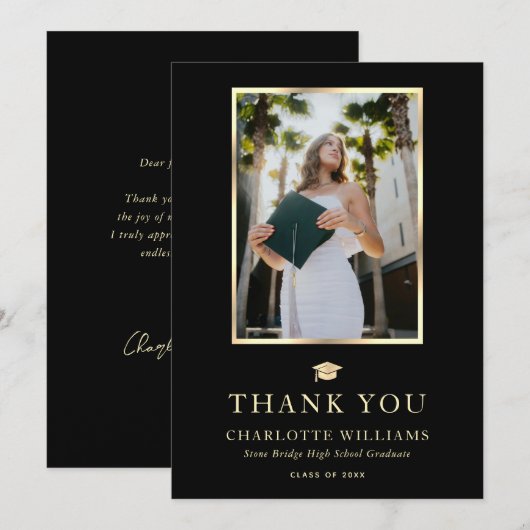 Modern Zwart en Goud Foto Afstuderen Bedankkaart (Voorkant / Achterkant)