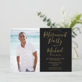 Modern zwart en goud foto pensioenfeest kaart (Staand voorkant)