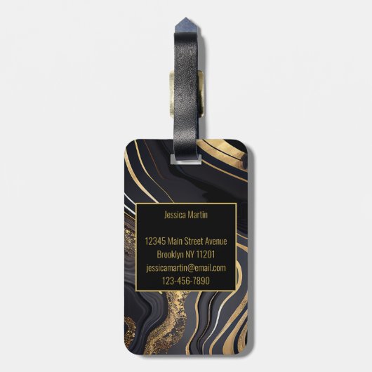 Modern zwart en goud gemarmerd bagagelabel (Achterkant verticaal)
