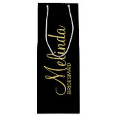 Modern Zwart en Goud Gepersonaliseerde Bruidsmeisj Wijn Cadeautas (Voorkant)