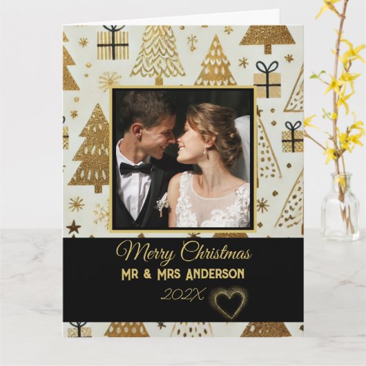 Modern zwart en goud gepersonaliseerde koppels kaart (Gele Bloem)