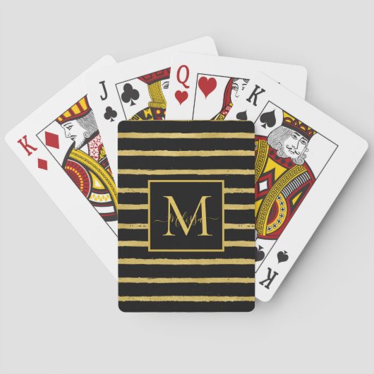 Modern zwart en goud gestreepte monogram naam pokerkaarten (Achterkant)