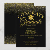 Modern zwart en goud glitter afstudeerfeest kaart (Voorkant / Achterkant)