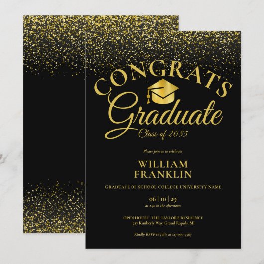 Modern zwart en goud glitter afstudeerfeest kaart (Voorkant / Achterkant)