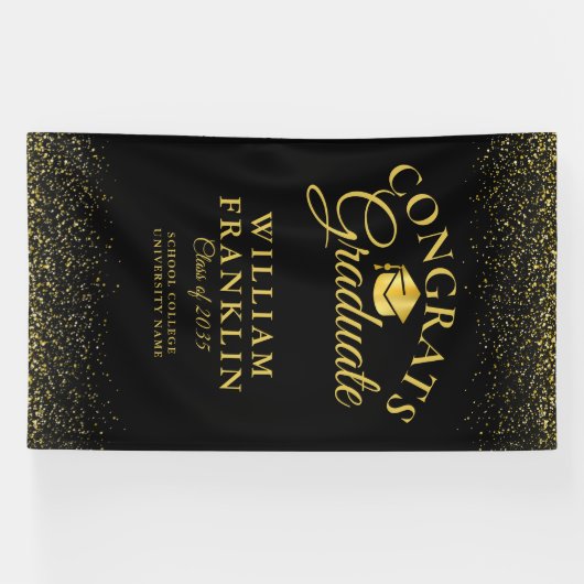 Modern zwart en goud glitter Afstuderen Spandoek (Horizontaal)