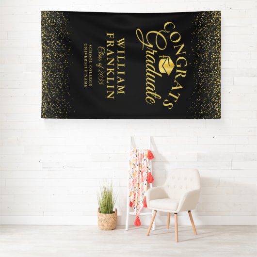 Modern zwart en goud glitter Afstuderen Spandoek (Insitu)