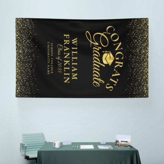 Modern zwart en goud glitter Afstuderen Spandoek (Beurs)