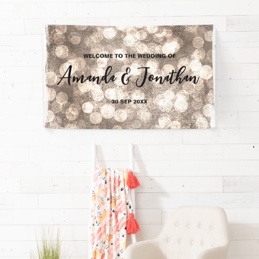 Modern Zwart en Goud Glitter Bruiloft Welkomstbord Spandoek (Insitu)