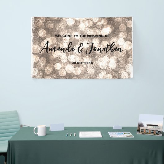 Modern Zwart en Goud Glitter Bruiloft Welkomstbord Spandoek (Beurs)