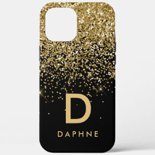 Modern zwart en goud glitter initiaal monogram Case-Mate iPhone case