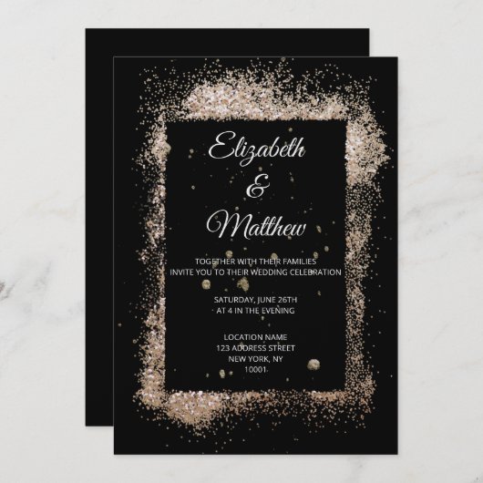 Modern zwart en goud glitter minimalistische bruil kaart (Voorkant / Achterkant)