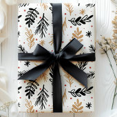 Modern zwart en goud kerstgebladerte cadeaupapier