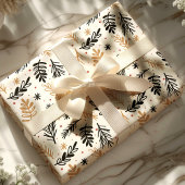 Modern zwart en goud kerstgebladerte cadeaupapier