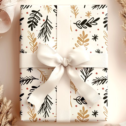 Modern zwart en goud kerstgebladerte cadeaupapier
