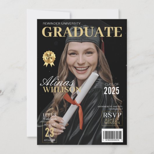 Modern zwart en goud magazine foto afstuderen kaart (Voorkant)
