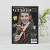 Modern zwart en goud magazine foto afstuderen kaart (Staand voorkant)