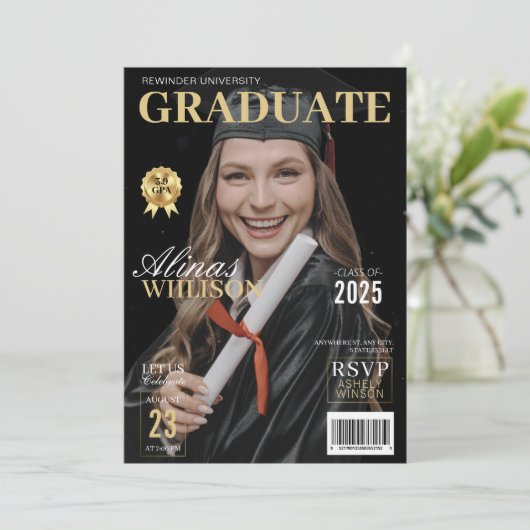 Modern zwart en goud magazine foto afstuderen kaart (Staand voorkant)