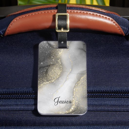 Modern Zwart en Goud Marbled Bagagelabel (Voorkant Insitu 2)
