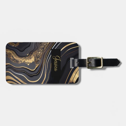 Modern Zwart en Goud Marbled Bagagelabel (Voorkant horizontaal)