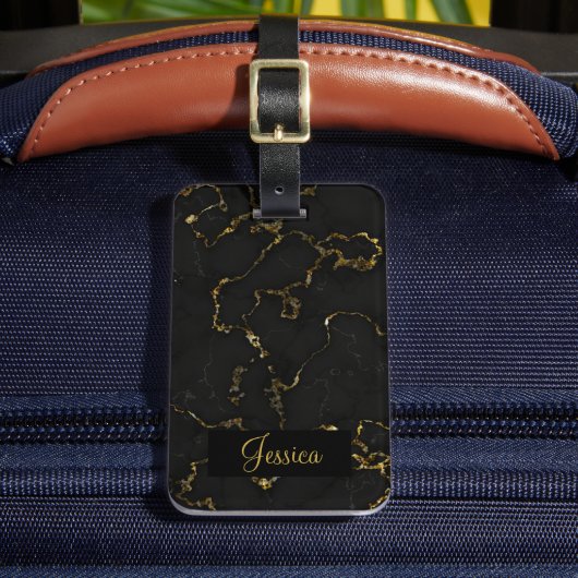 Modern Zwart en Goud Marbled Bagagelabel (Voorkant Insitu 2)