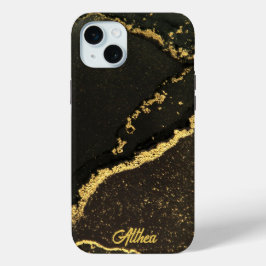 Modern Zwart en Goud Marbled iPhone 15 Mini Hoesje