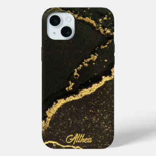 Modern Zwart en Goud Marbled iPhone 15 Mini Hoesje