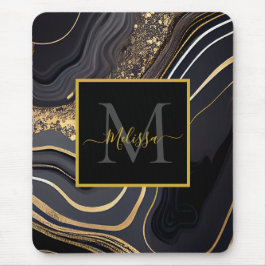 Modern Zwart en Goud Marbled Monogram Muismat