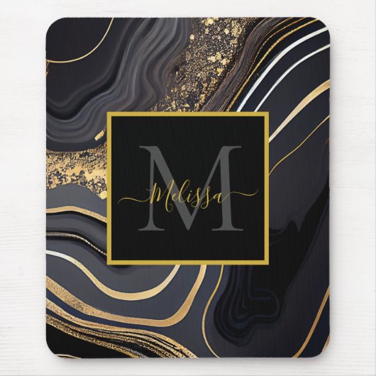 Modern Zwart en Goud Marbled Monogram Muismat (Voorkant)