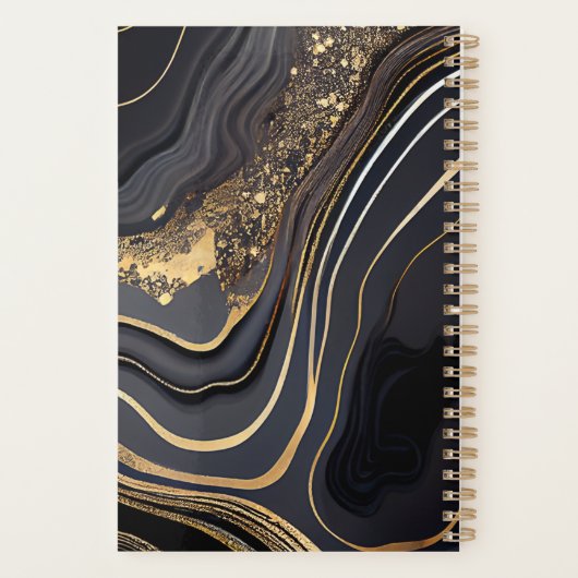 Modern Zwart en Goud Marbled Monogram Planner (Achterkant)