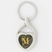 Modern Zwart en Goud Marbled Monogram Sleutelhanger (Voorkant)