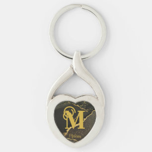 Modern Zwart en Goud Marbled Monogram Sleutelhanger