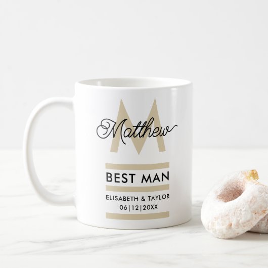 Modern Zwart en Goud Naam toevoegen & Monogram Bes Koffiemok (Met donut)