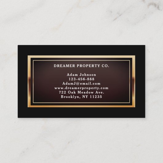 Modern zwart en goud onroerend goed visitekaartje (Achterkant)