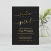Modern Zwart en Goud Script Monogram Bruiloft Kaart (Staand voorkant)