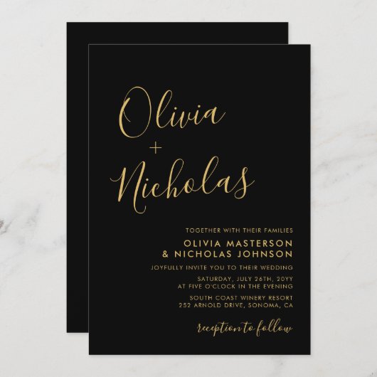 Modern Zwart en Goud Script Monogram Bruiloft Kaart (Voorkant / Achterkant)