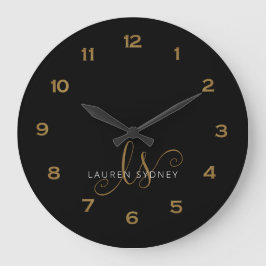 Modern zwart en goud script monogrammen grote klok
