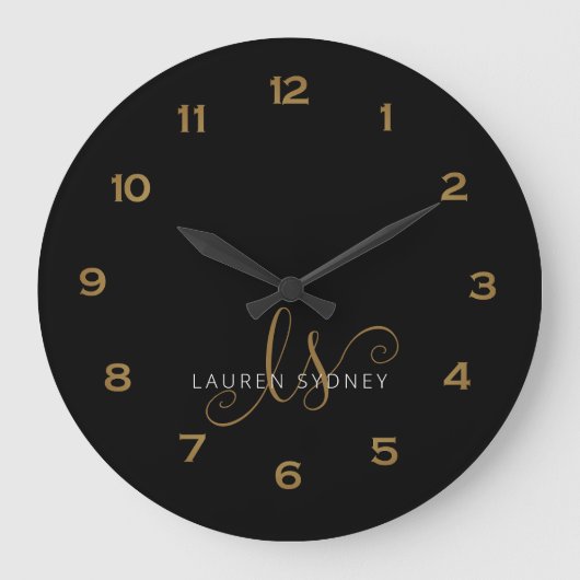 Modern zwart en goud script monogrammen grote klok (Voorkant)