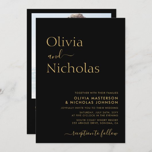 Modern Zwart en Goud Script QR Code Foto Bruiloft Kaart (Voorkant / Achterkant)