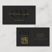 Modern zwart en goud script QR Code Monogram Visitekaartje (Voorkant / Achterkant)