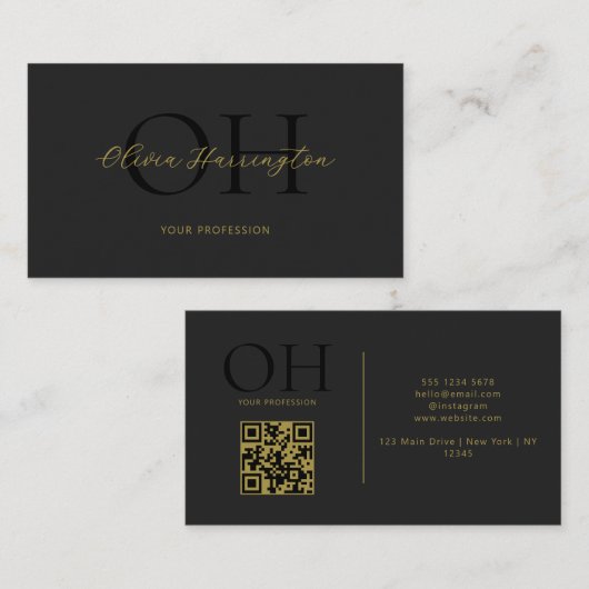 Modern zwart en goud script QR Code Monogram Visitekaartje (Voorkant / Achterkant)