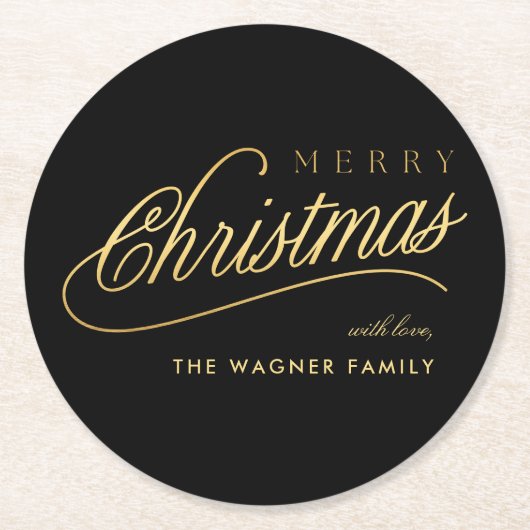 Modern zwart en goud script Vrolijk kerstfeest Ronde Kartonnen Onderzetter (Voorkant)