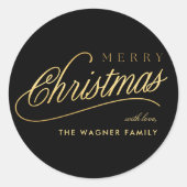 Modern zwart en goud script Vrolijk kerstfeest Ronde Sticker (Voorkant)