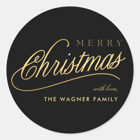 Modern zwart en goud script Vrolijk kerstfeest Ronde Sticker (Voorkant)