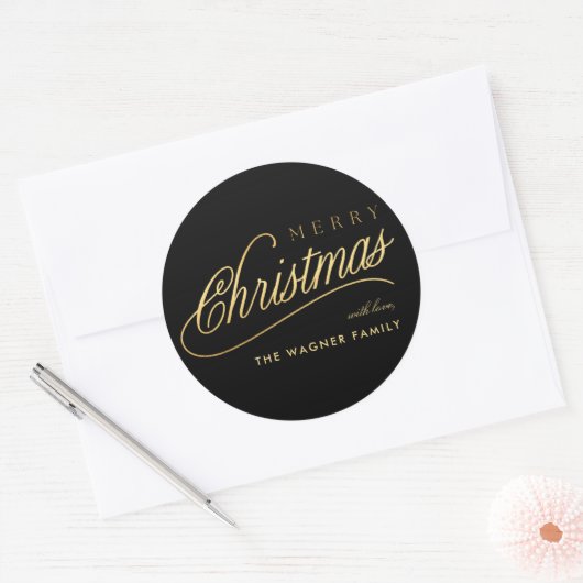 Modern zwart en goud script Vrolijk kerstfeest Ronde Sticker (Envelop)