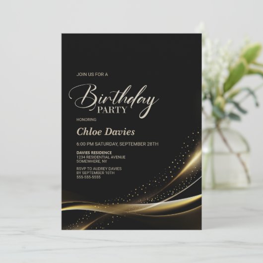 Modern Zwart en Goud Verjaardagsfeest Kaart (Staand voorkant)