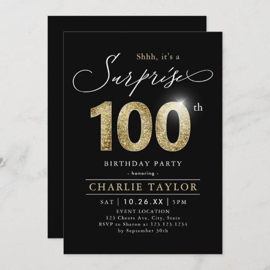 Modern zwart en goud volwassen verrassing 100e ver kaart (Voorkant / Achterkant)