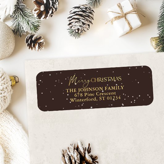 Modern zwart en goud vrolijk kerstadres etiket